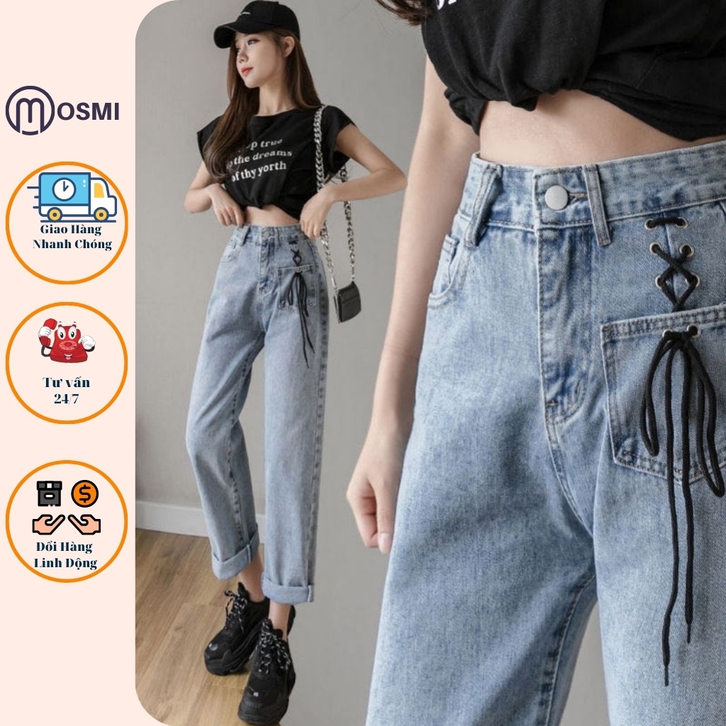 Quần jean baggy nữ lưng cao ống rộng đứng chất liệu jean cotton