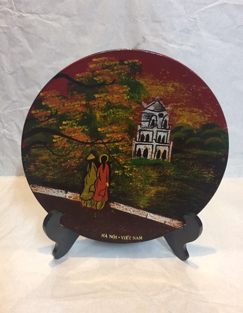 Tranh đĩa sơn mài hình Khuê văn các, Chùa mội cột, Tháp rùa Hồ gươm