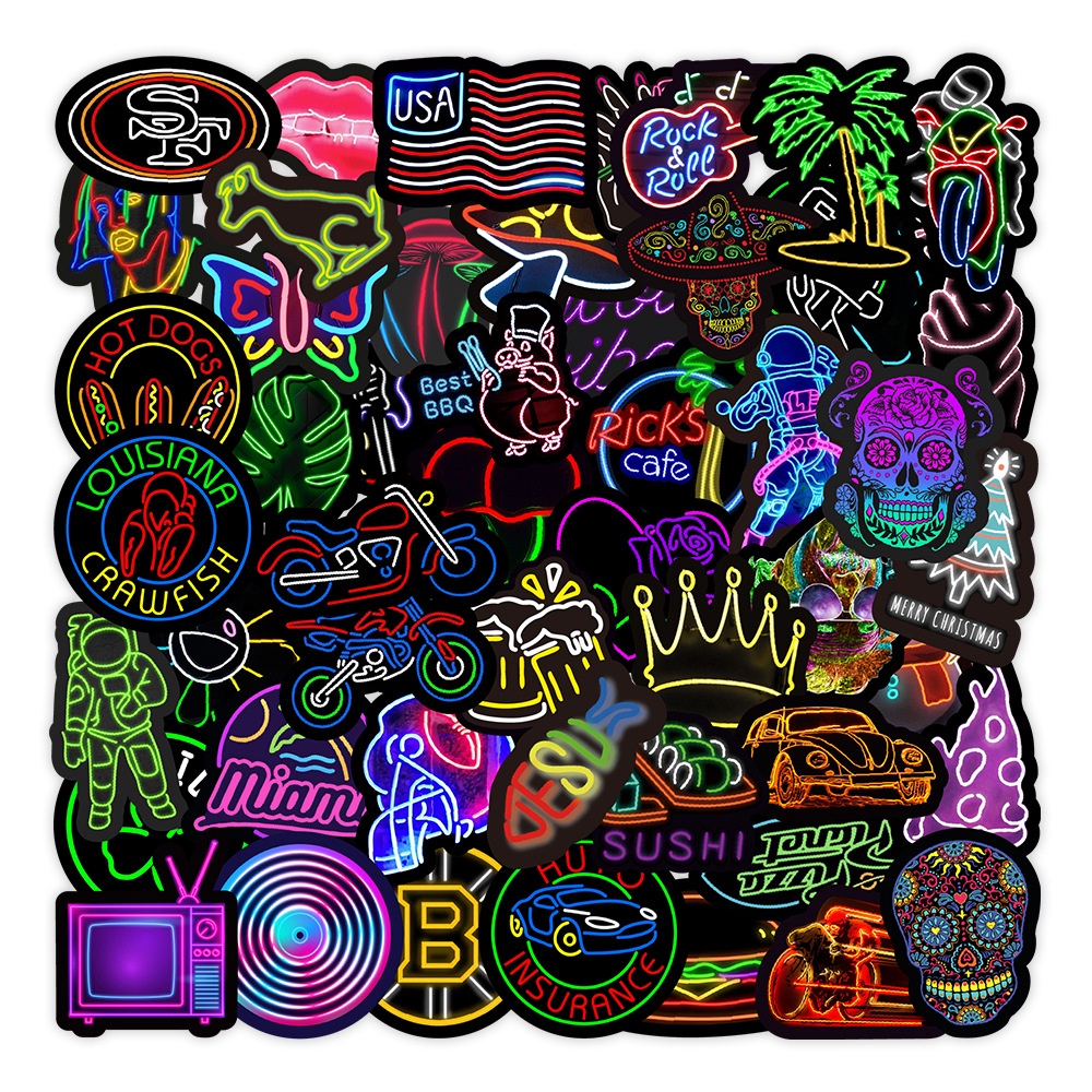 50 Sticke chống nước màu neon MẤU 3 dán mũ bảo hiểm vali 50 hình dán graffiti neon dán cốc nước xe hơi