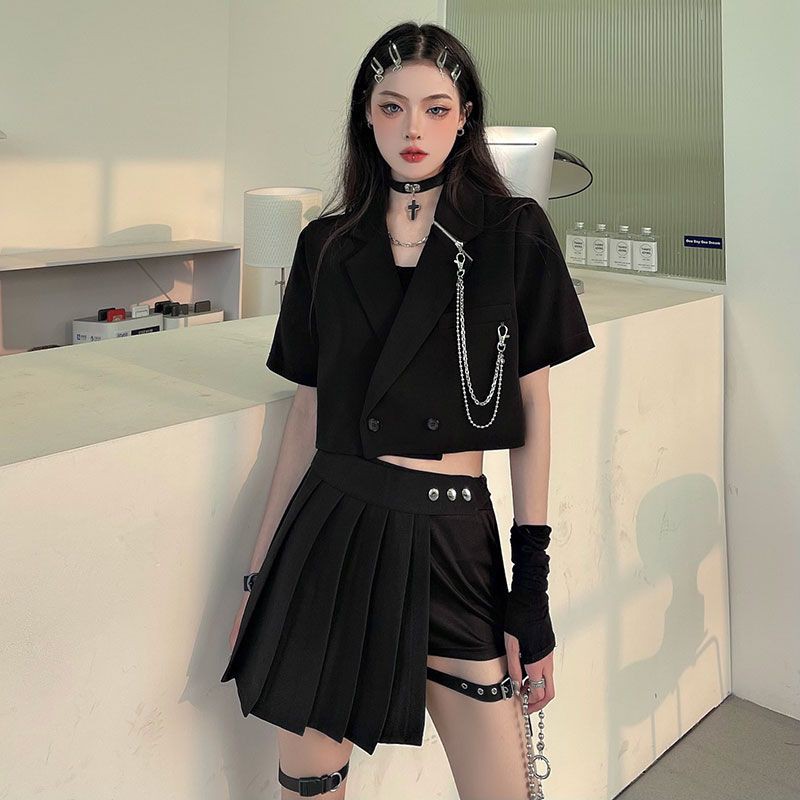 [Order] (G7) Set khoác váy choker Dark Gothic. Chân váy kèm quần choker + Áo khoác ngắn kèm chains màu đen loại đẹp