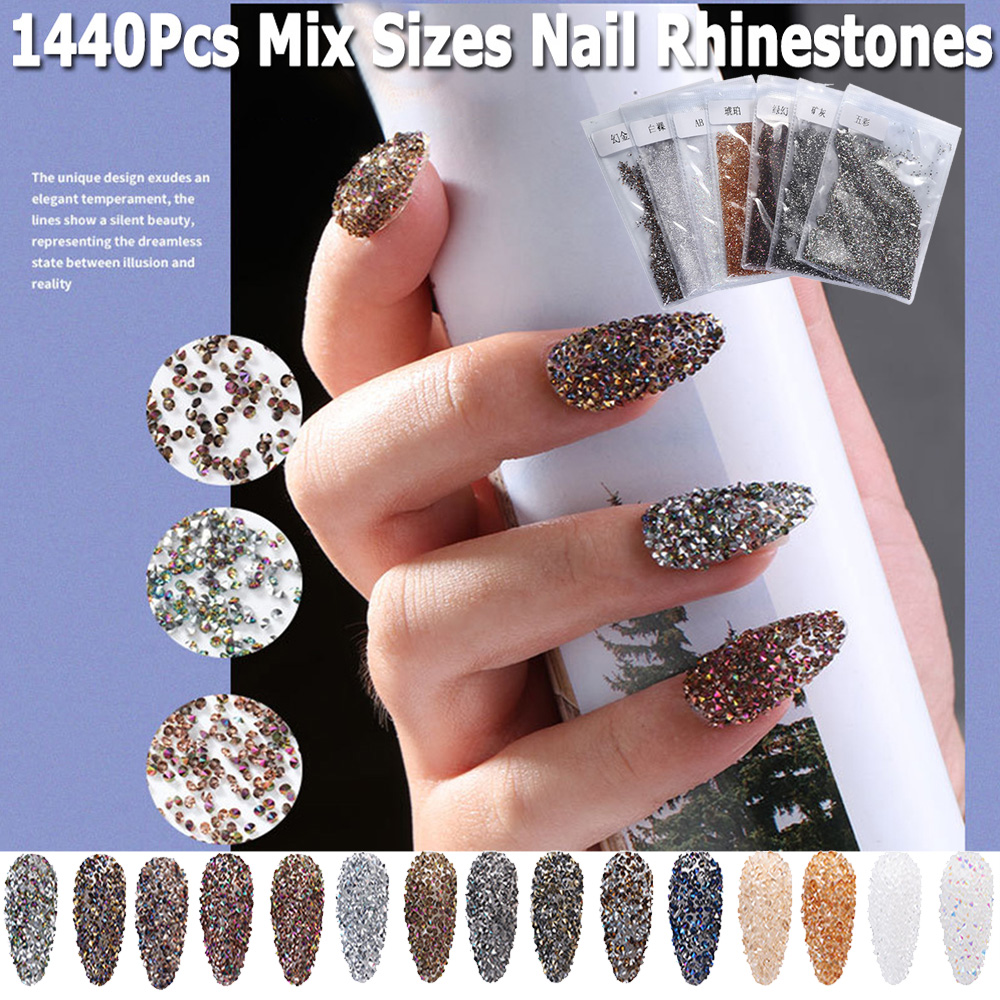 FALLFORBEAUTY Shining 3D Nail Art Decorations Unfoiled DIY Nail Art Nail|Mini Beads 1440Pcs/Pack Glass Diamonds Nail Glitter Non HotFix Micro