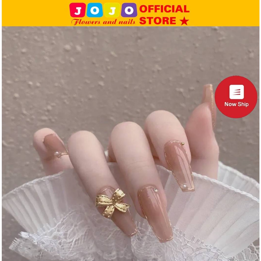 Set 24 móng tay giả dài  đính đá/đính nơ Jojo X14 đẹp KÈM Keo tự làm móng tại nhà