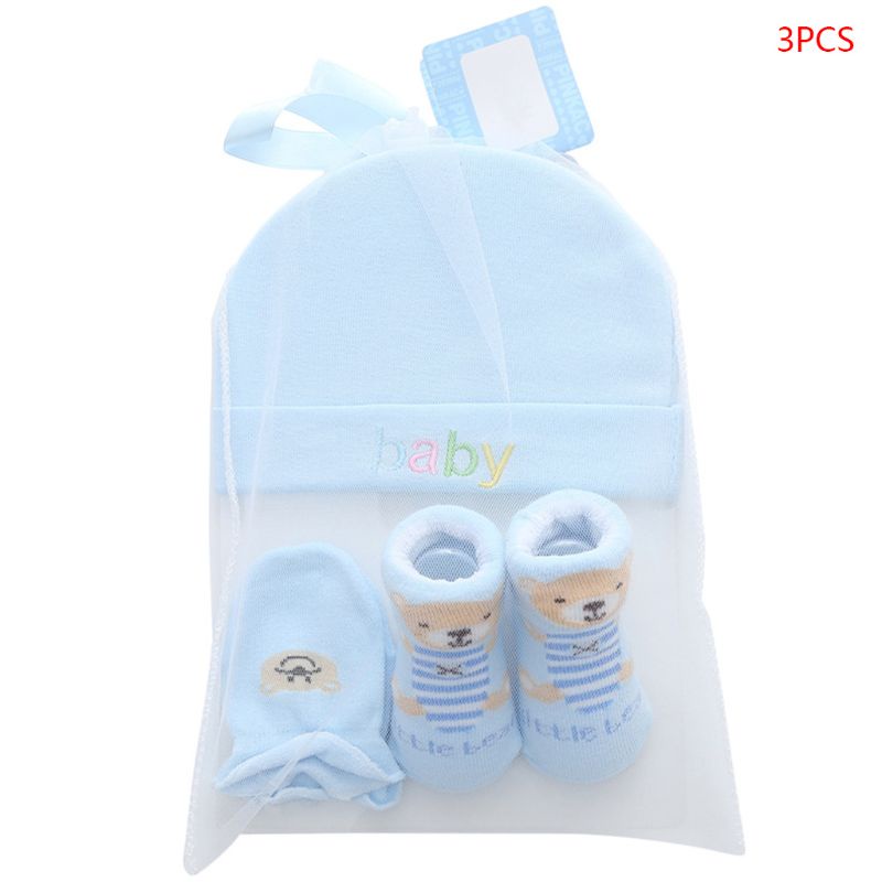 Bộ 3 Món Vớ + Nón + Găng Tay Bằng Cotton In Họa Tiết Hoạt Hình Dễ Thương Cho Bé Sơ Sinh