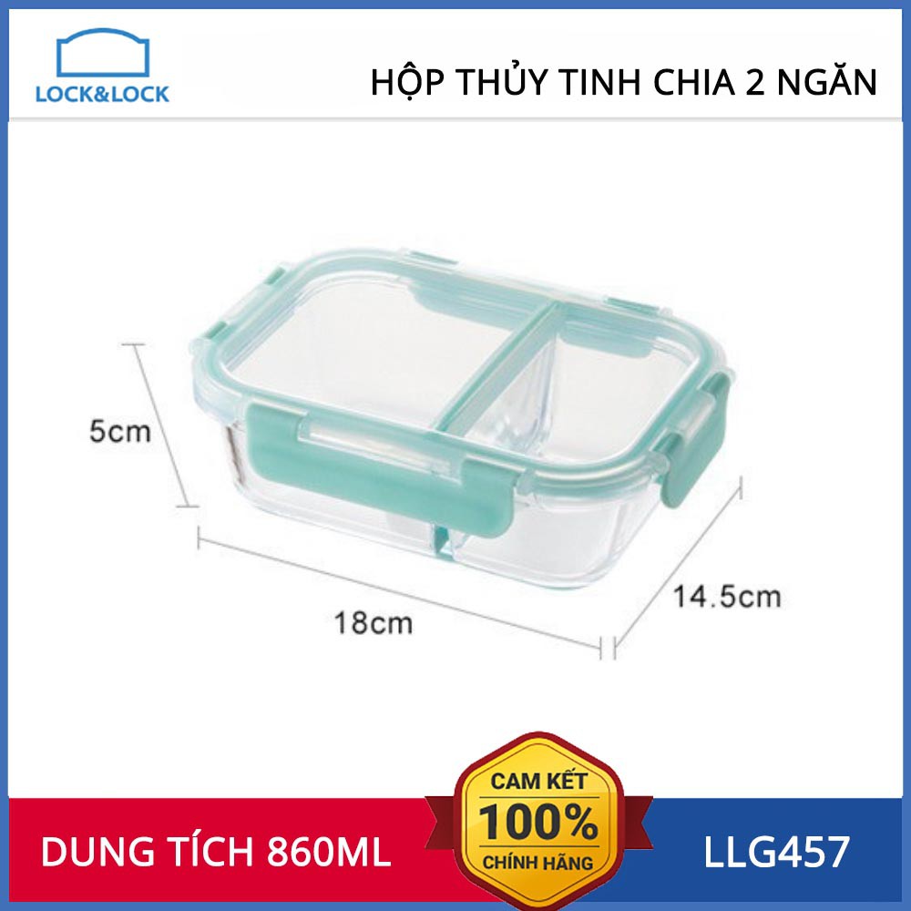 Hộp thủy tinh Lock&amp;Lock 2 ngăn Glass Food Container 860ml LLG457 - Hàng chính hãng