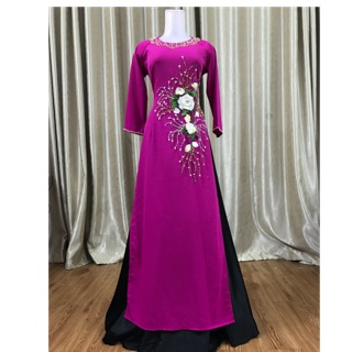 Áo dài hồng sen💥FREESHIP 💥 Áo dài hồng sen đính ren trắng 2 tà