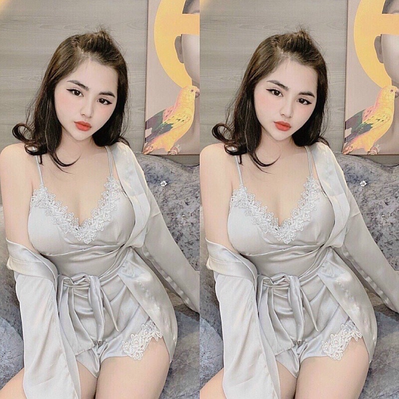 Đồ ngủ sexy 3 món hai dây quần đùi có mút kèm áo choàng lụa satin cao cấp | BigBuy360 - bigbuy360.vn