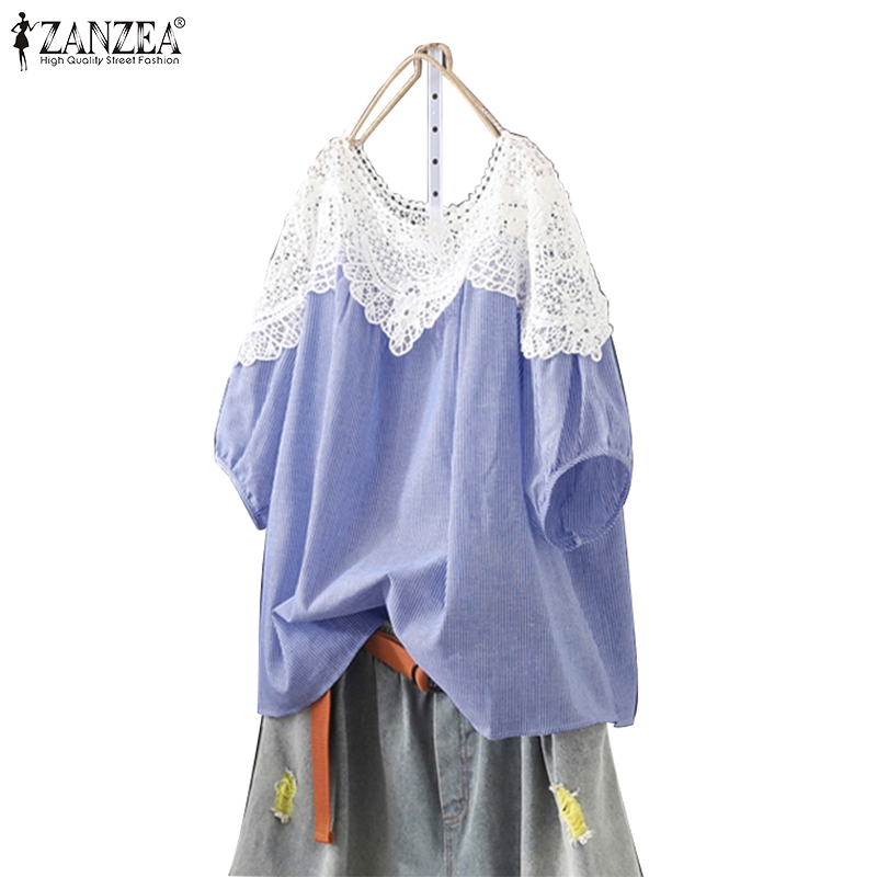 Áo Thun ZANZEA Dành Cho Nữ Ngắn Tay Cổ Tròn Phối Ren Thời Trang