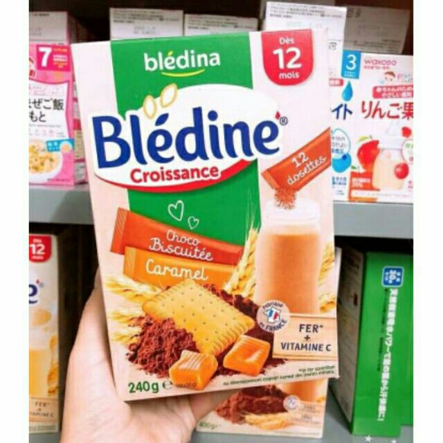 BỘT LẮC PHA SỮA BLEDINA vị choco bích qui và Caramel cho bé 12m+