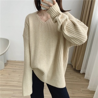 Kii Wii Áo len sọc phiên bản Hàn Quốc mùa thu Áo len dáng rộng cổ chữ V Áo dệt kim nữ
