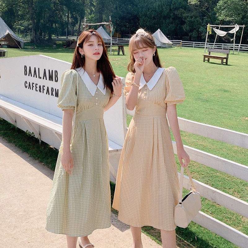 Đầm dài cổ chữ V ngắn tay họa tiết kẻ sọc ca rô thời trang 44719