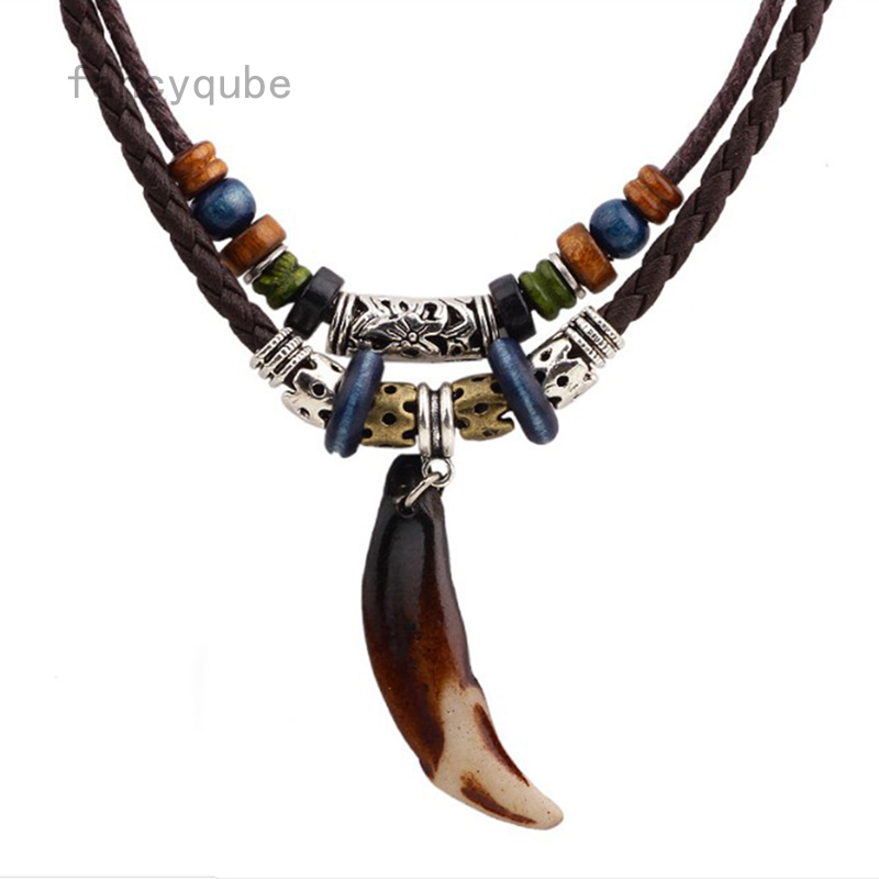 Vòng cổ dây da mặt hình răng sói phong cách bohemia cho nam