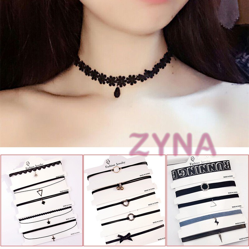 Bộ 5 Vòng Cổ Choker Thời Trang Bằng Vải Nhung Ren Phối Dây Xích Và Ngôi Sao Cổ Điển Dành Cho Nữ