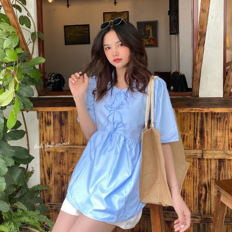 Áo babydol thắt nơ xinh đẹp, áo sơ mi nữ sinh ngắn tay V43 thời trang nữ emmei