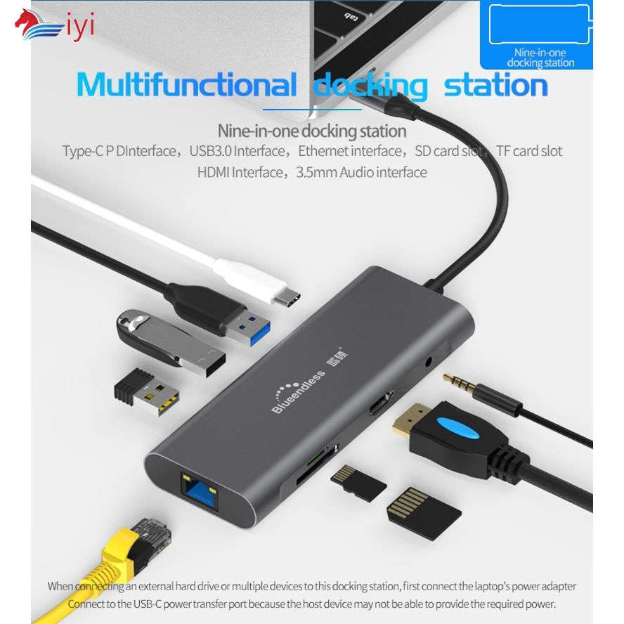 Thiết bị trạm kết nối loại C USB 3.0 HDMI TF LAN PD Blueendless 9 trong 1 cho Macbook Huawei Ziyi