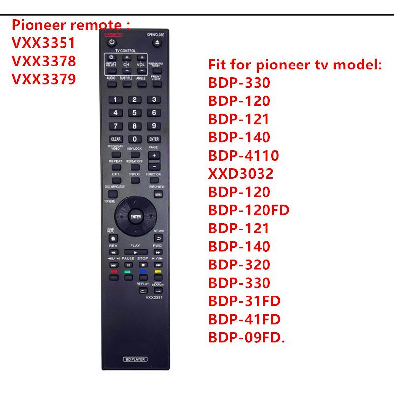 Pioneer VXX3351 VXX3378 VXX3379 Đầu phát đĩa Blu-ray Điều khiển từ xa cho Pioneer BDP-120, BDP-121, BDP-31FD, BDP-330, BDP-33FD