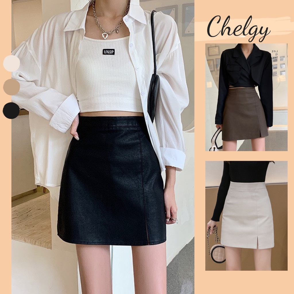 Chân váy da chữ A dáng ngắn có quần lót trong Chelgy nữ thiết kế màu trơn xẻ ngang dáng công sở CG-CVDT104