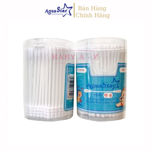 Tăm Bông Trẻ Em Aqua Star hộp 200c Thân Nhựa Tăm Bông Kháng Khuẩn 2 Đầu Tròn Xoắn Công Nghệ Korea