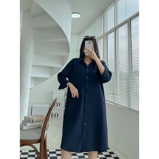 [HÀNG THIẾT KẾ - CRUSHH STUDIO ] D12 - Đầm sơ mi xanh đen linen gân