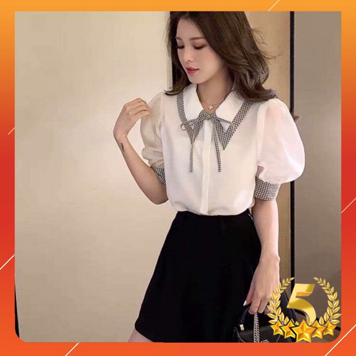Áo sơ mi voan phối caro cổ nơ Hình thật trải sàn 100%