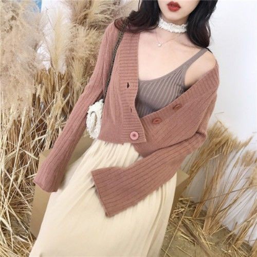 Spring and autumn new Korean women's clothing short solid languid style with knitted cardigan sweater and flared sleeve jacket