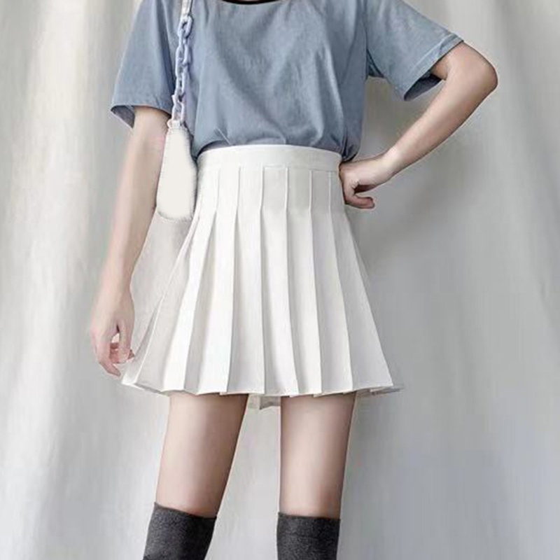 Chân Váy Chữ A Lưng Cao Xếp Ly Màu Trơn Phong Cách Preppy Cho Nữ