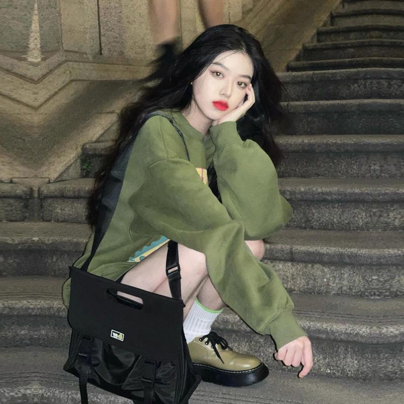 Áo Sweatshirt Dày Dặn Màu Xanh Lá Đậm Phong Cách Retro Mỹ Mùa Thu Đông Mới Cho Nữ 2021