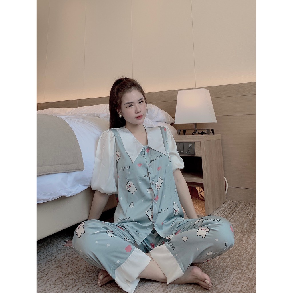 Bộ Pijama Nữ 🔥FREESHIP🔥  Bộ Mặc Nhà Cổ Vạt Thời Trang - Bộ Ngủ Lụa Satin Tay Lỡ Phối Ren SP27