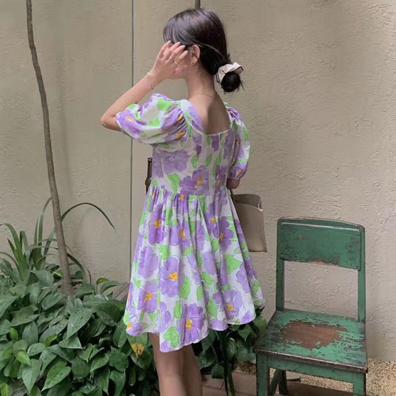 Đầm Tay Phồng Cổ Vuông Họa Tiết Hoa Xinh Xắn Phong Cách Hàn Quốc