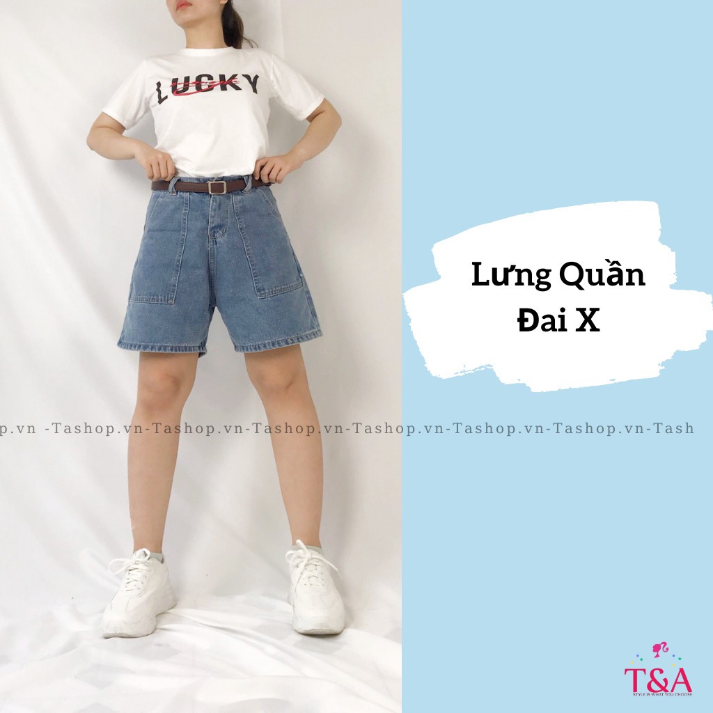 Quần Shorts Jeans Nữ Ống Rộng Túi Vuông Màu Xanh Nhạt Kèm Đai Nhân Cá Tính - 518
