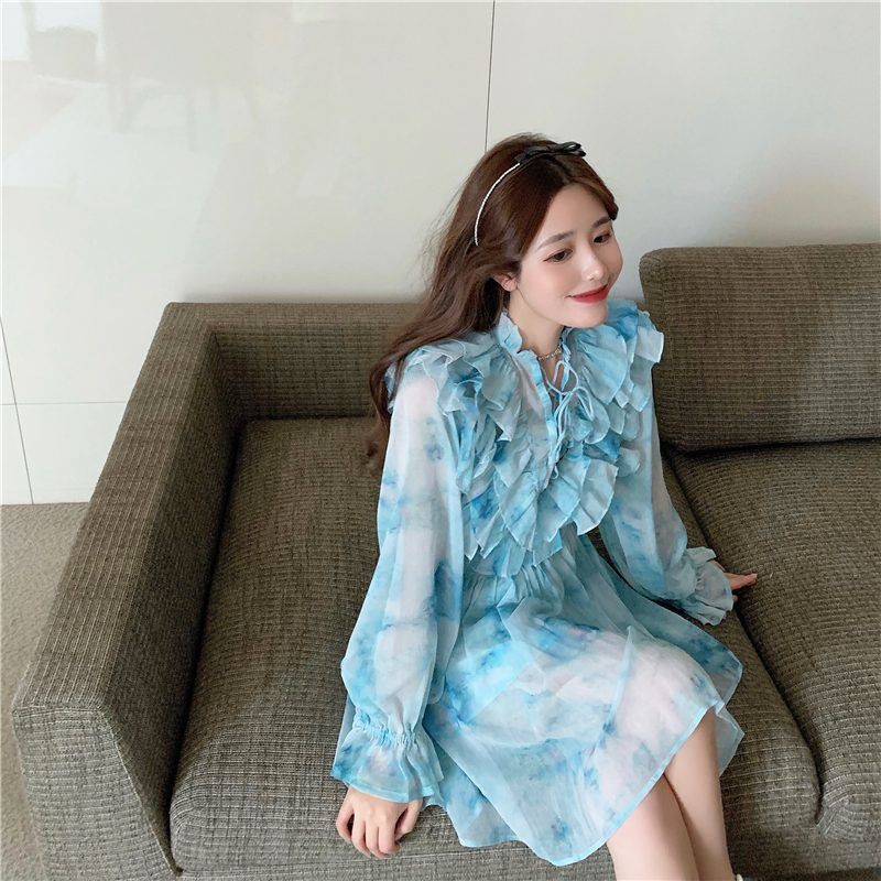 M139 - Váy voan công chúa Ulzzang cổ trụ thắt nơ viền bèo eo chun dài tay loang màu nhẹ nhàng
