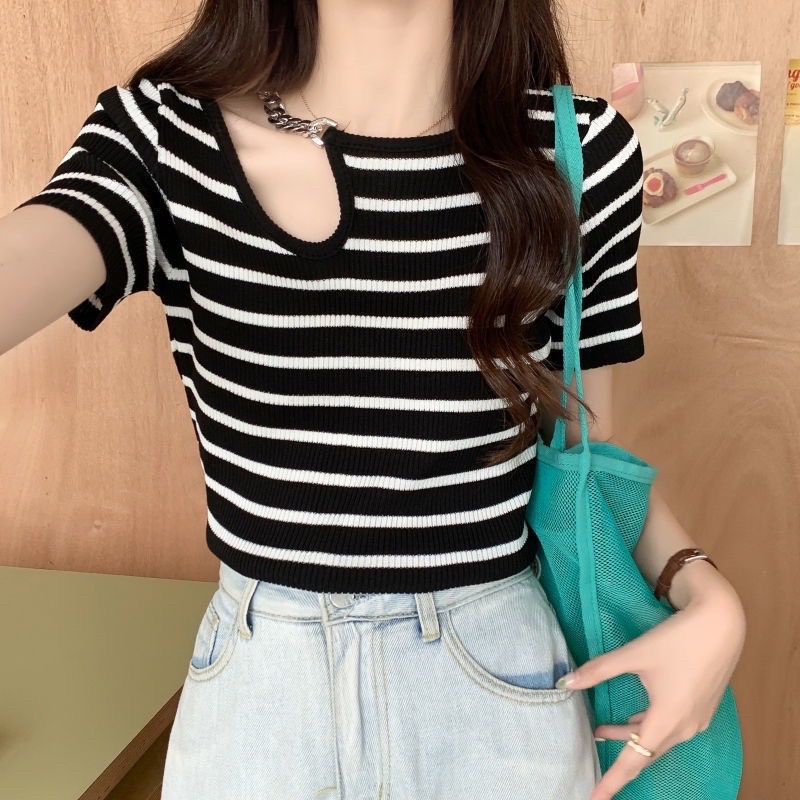 ÁO KIỂU TAY NGẮN SỌC NGANG KHOÉT NHIỀU MÀU PHỐI XÍCH CHIZISHOP- CRT72