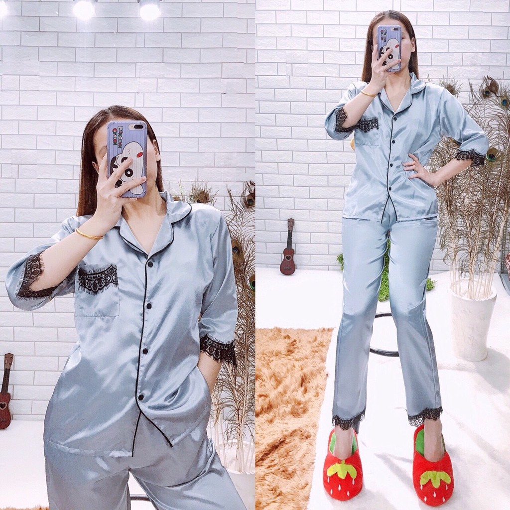 ĐỒ NGỦ PHI LỤA CAO CẤP PHỐI REN - PIJAMA NỮ - TAY LỬNG QUẦN DÀI - QUEEN PIJAMA SHOP | BigBuy360 - bigbuy360.vn
