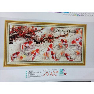 tranh đính đá cá chép cửu ngư quần hội kt 128x65cm