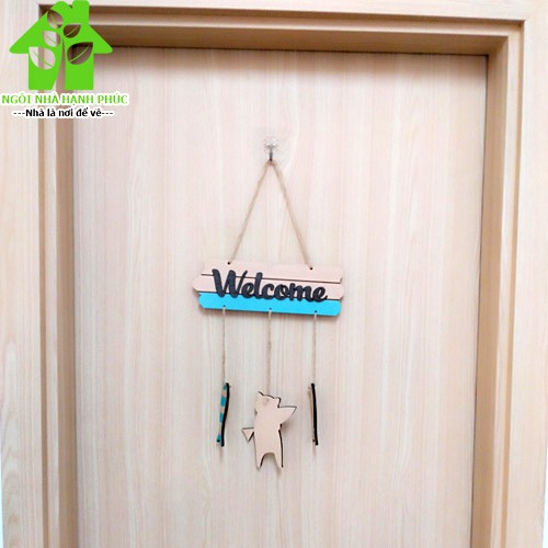 Bảng gỗ decor trang trí SHOP  Mẫu BM_035 WELCOME MÈO ÔM CÁ