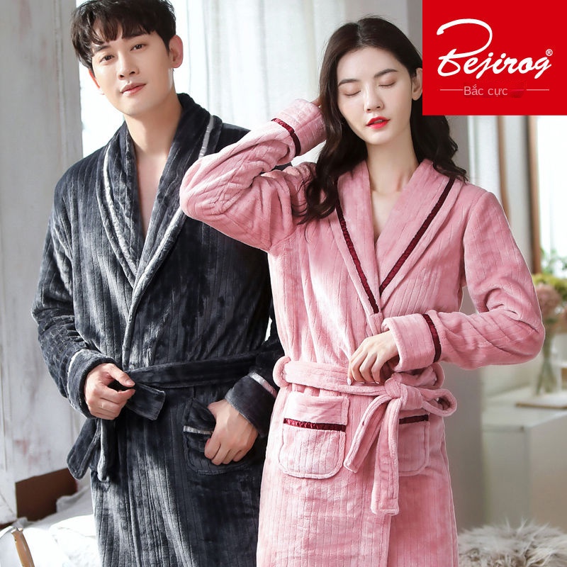 Áo choàng ngủ cho cặp đôi mùa thu và mùa đông flannel, áo choàng tắm nam dày lông cừu san hô