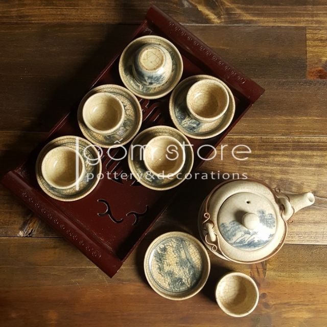 Ấm chén Bát Tràng men giả cổ dáng vại vẽ sơn thủy