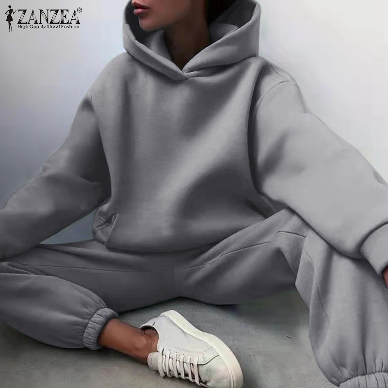 Bộ trang phục thể thao ZANZEA dáng dài rộng lưng quần co giãn màu trơn sành điệu cho nữ