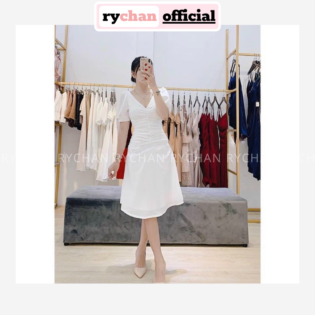 Đầm Xòe Midi Cổ V Tay Phồng 2 Màu Thanh Lịch - DX0064