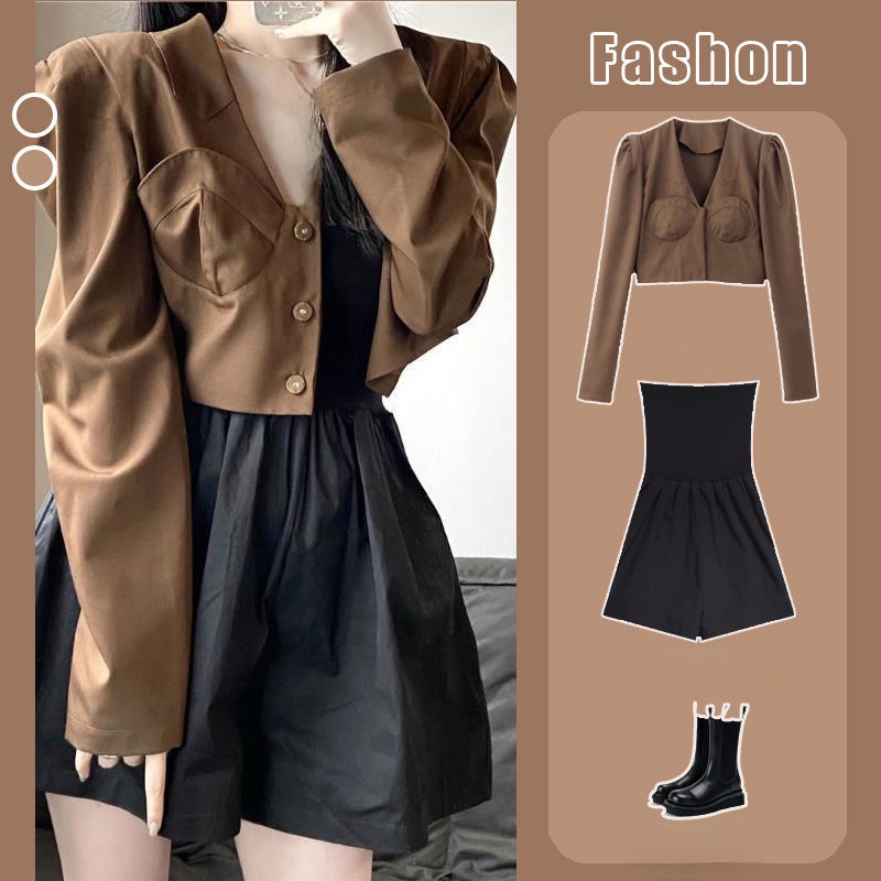 Set Áo Khoác Dáng Ngắn + Áo liền quần Thiết Kế Mới Năng Động Thời Trang Dành Cho Nữ