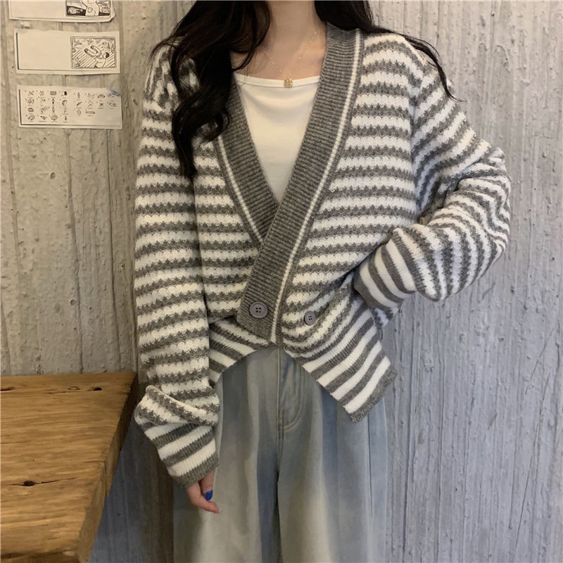 Áo khoác cardigan cổ chữ V dáng rộng họa tiết kẻ sọc màu tương phản phong cách Hàn Quốc | BigBuy360 - bigbuy360.vn