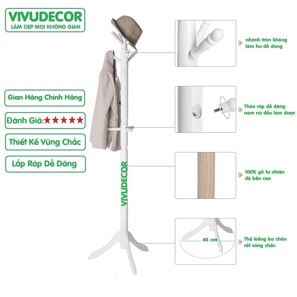 Cây Treo Quần Áo Vivudecor 100% Gỗ Tự Nhiên, Cây Treo Đồ GH 9 Nhánh Lắp Ráp Xuất Khẩu Hàn Quốc.