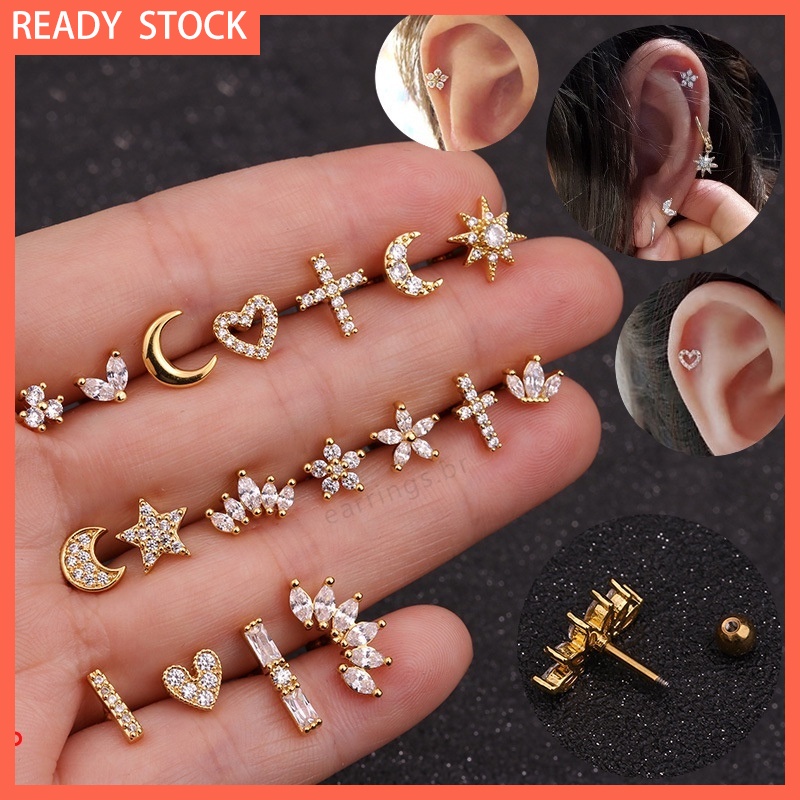 Khuyên xỏ sụn tai nhỏ hình chữ thập / trái tim / mặt trăng đính đá zircon