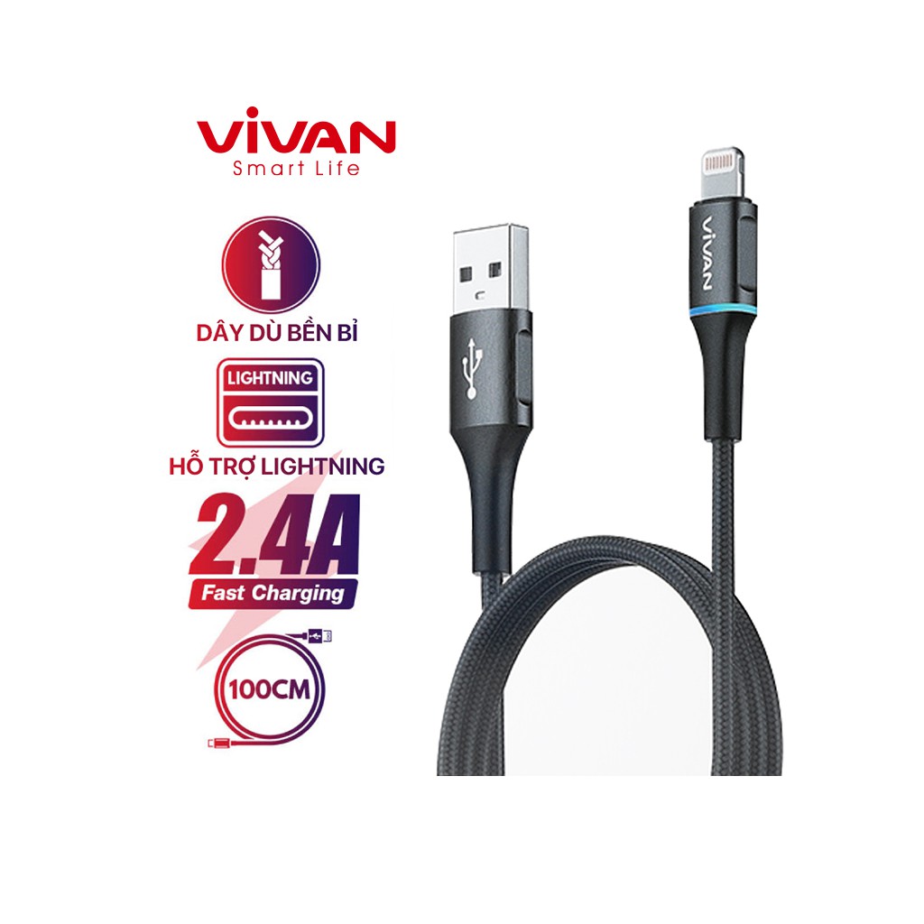 Cáp Sạc Nhanh Lightning Type-C Micro VIVAN 100cm Đèn LED Đổi Màu Thông MinhVDM100