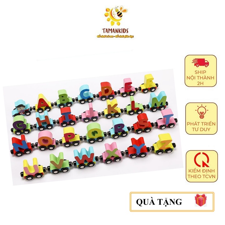 Đồ chơi giáo dục- Bộ đoàn tàu chữ bằng gỗ có nam châm - Rèn tư duy, nhận biết chữ - Tamankids
