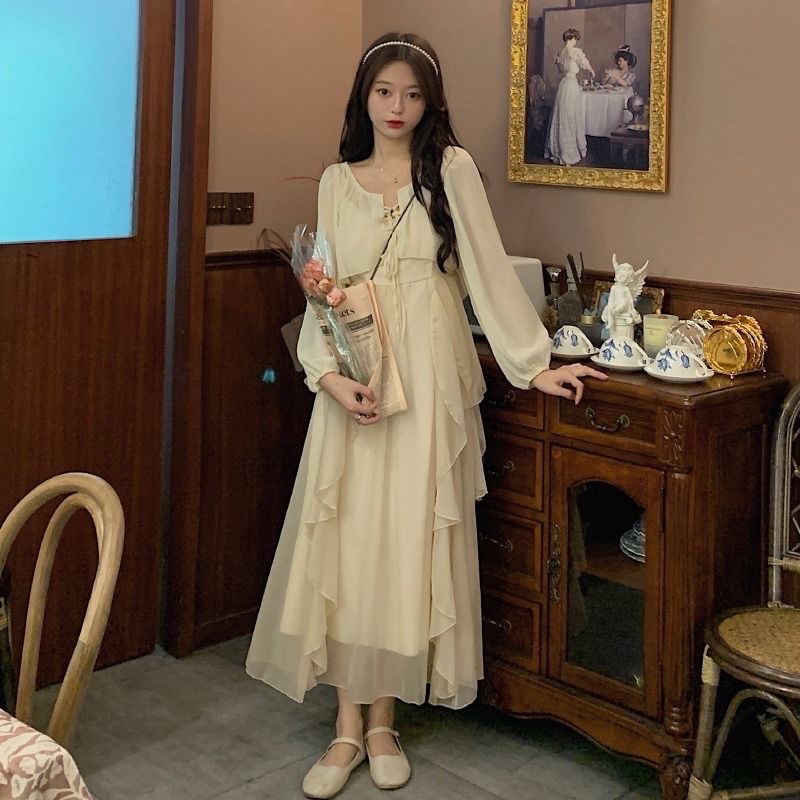 Đầm dài maxi màu trơn rộng tay dáng rộng dây rút sau lưng kết cấu kén thời trang mùa hè mới 2022
