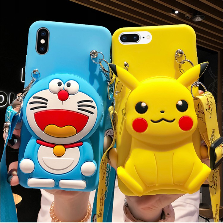 Ốp điện thoại mềm có ví hình Doraemon/ Pikachu cho Samsung J2 J3 J4 J5 J6 J7 J8 Pro Prime Plus 2018