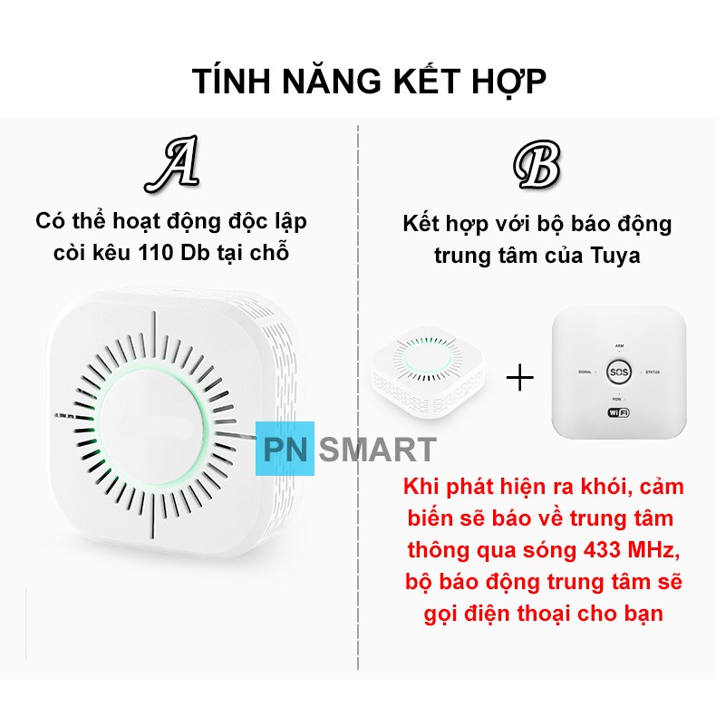 Cảm biến báo khói không dây RF433 kết hợp với bộ báo động chống trộm Tuya