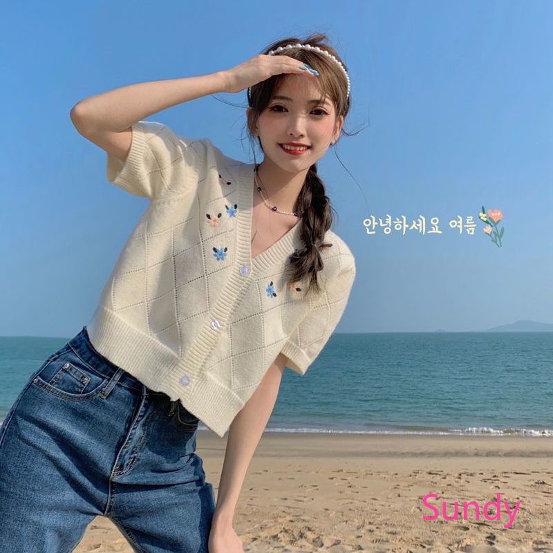 Áo Dệt Kim Tay Ngắn Thêu Họa Tiết Xinh Xắn Thời Trang Mùa Hè Cho Nữ