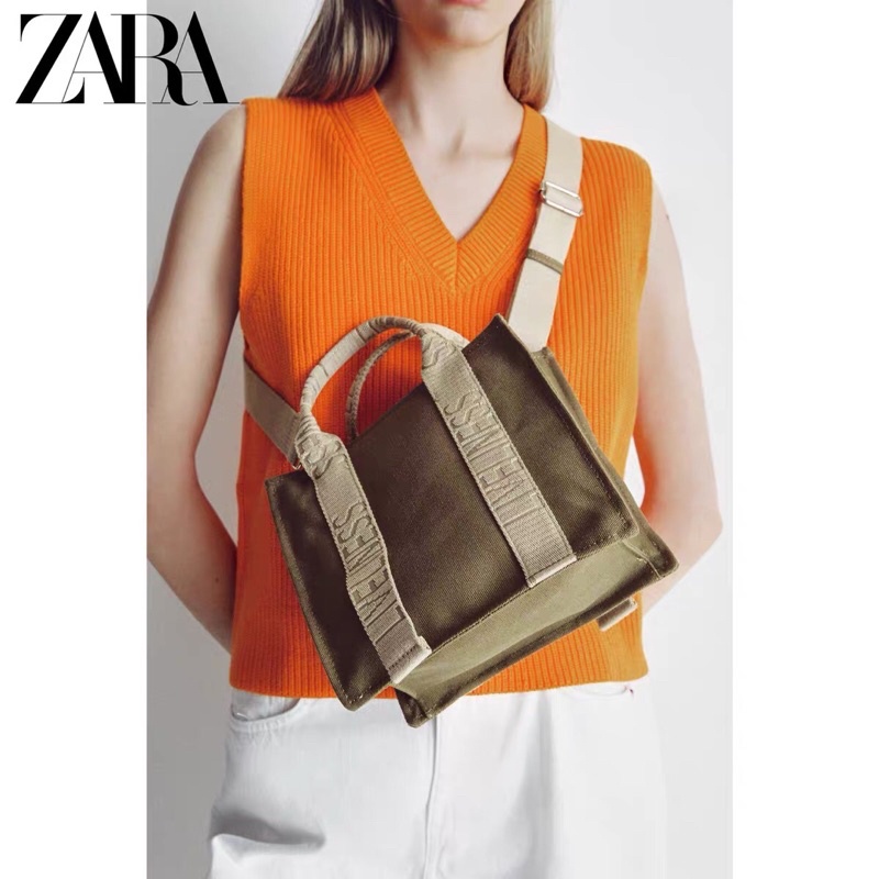 TÚI XÁCH ZARA MINI VẢI DÙ IN CHỮ MÀU XANH KAKI