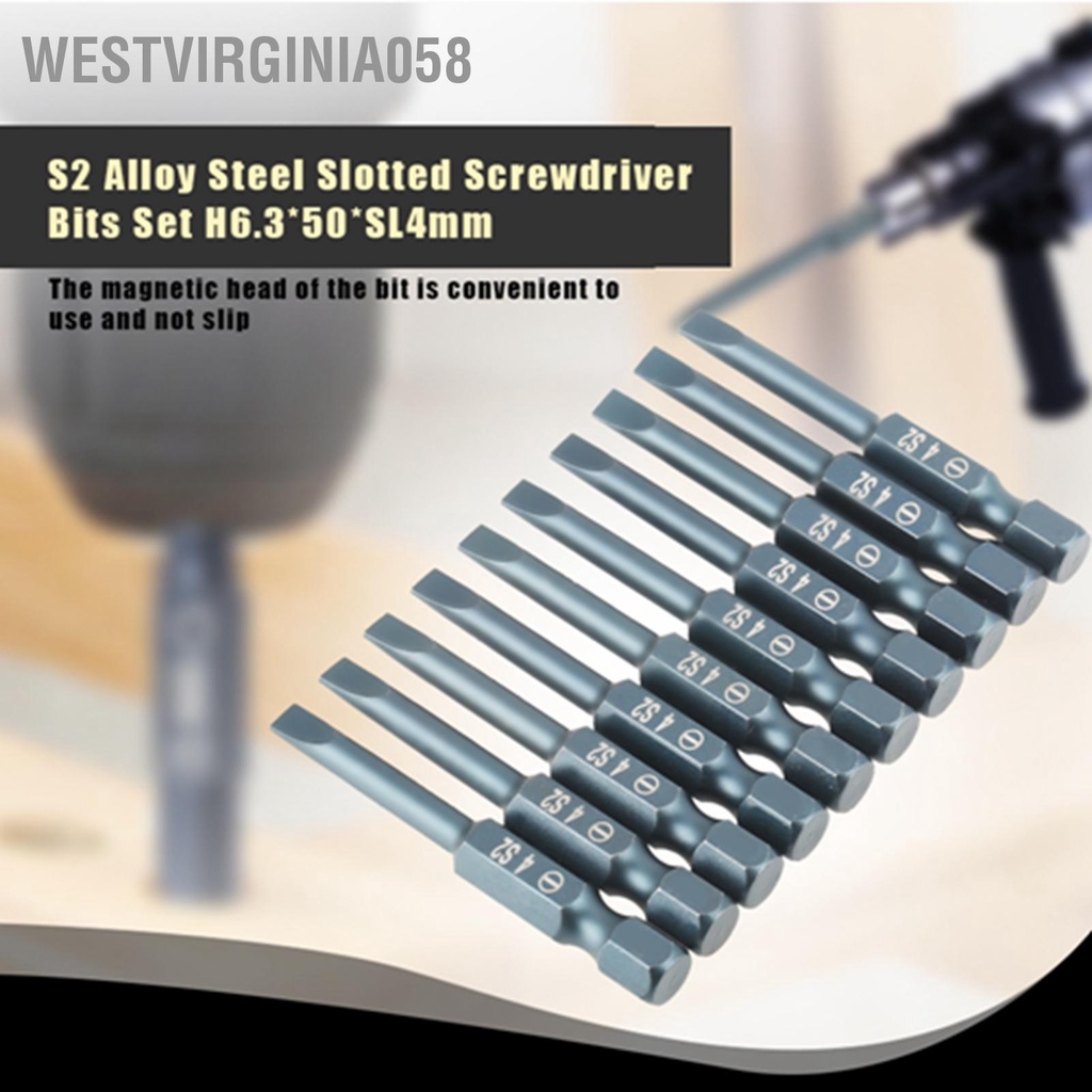 Westvirginia058 10 cái 1/4 inch Hex Shank 50mm S2 Hợp kim thép có rãnh Tua vít Bộ H6.3 * 50 SL4mm
